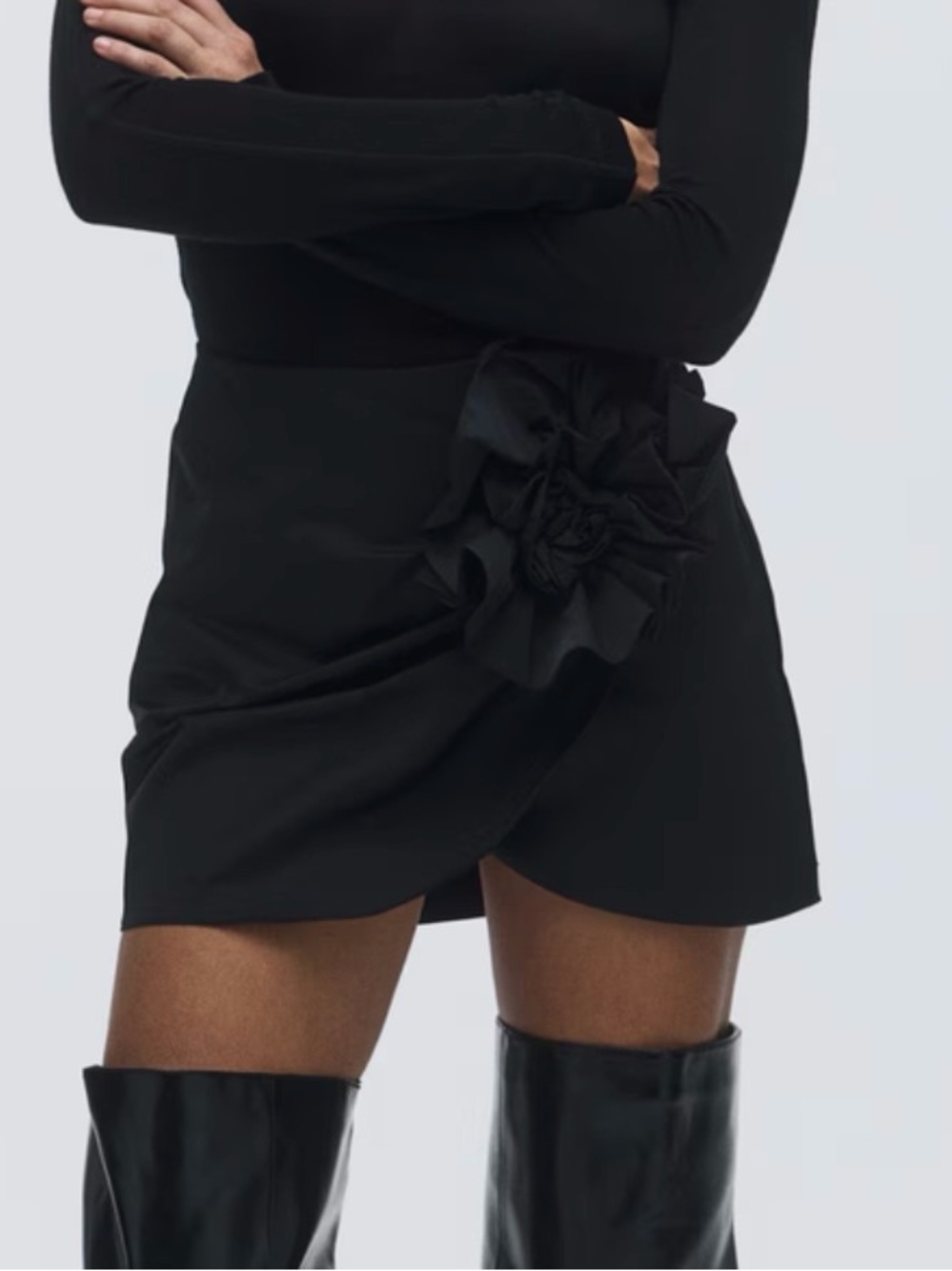 Black Floral Applique Wrap Mini Skirt